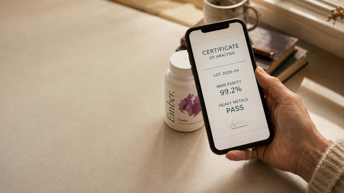 A phone scanning the QR code on an Ember bottle, the lab certificate on screen